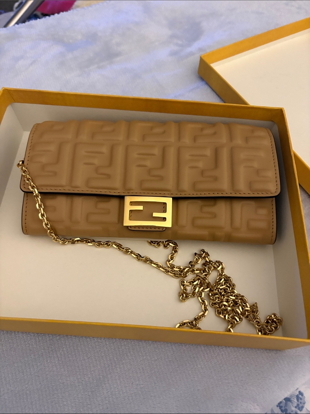 Fendi Beige Embossed FF Leather Crossbody with Gold Chain